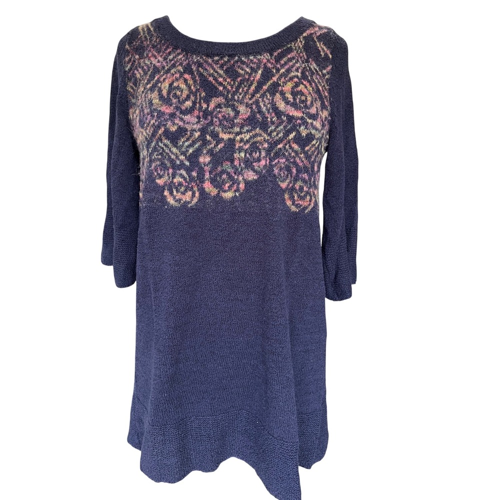 Navy Blue Floral Rose Intarsia Longline Tunic Sweater 3/4 Sleeve Scoop Neck